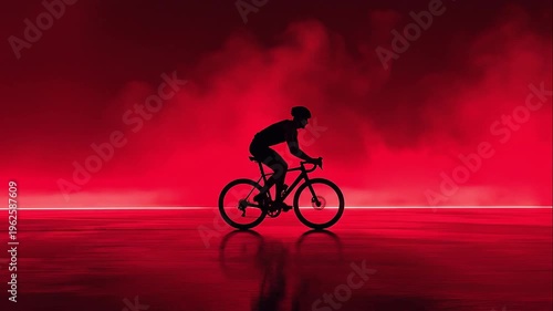Silhouette of a person riding a bicycle on a reflective surface under a red sky with clouds, creating a dramatic and moody atmosphere