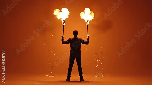 A performer stands in center stage holding two flaming torches, with fiery streams extending outward and intense warm glow
