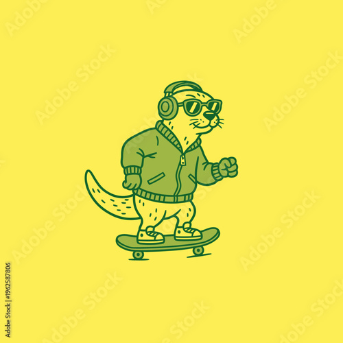 Otter wearing headphones on skateboard.