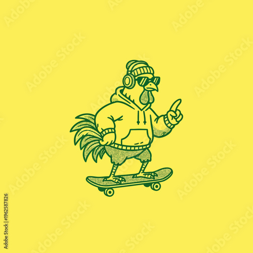Rooster wearing headphones on skateboard.