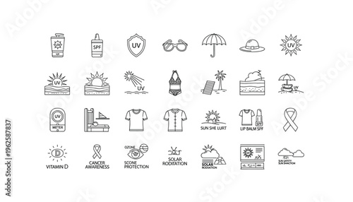 Sun protection icons set for health awareness campaigns
