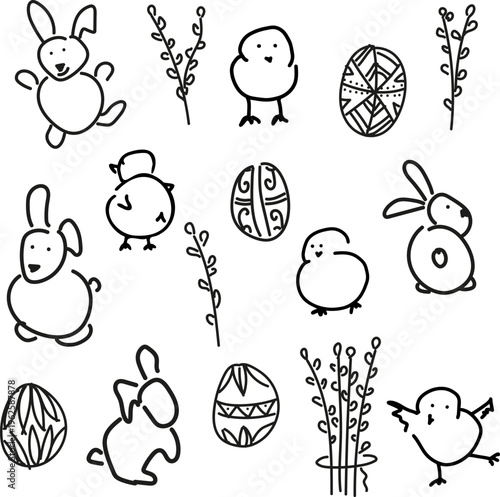 Hand drawn Easter set with cute bunny, chicks, decorated pysanka eggs and pussy willow branches. Simple doodle style illustration isolated on white background. Traditional spring holiday symbols perfe