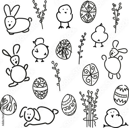 Hand drawn Easter set with cute bunny, chicks, decorated pysanka eggs and pussy willow branches. Simple doodle style illustration isolated on white background. Traditional spring holiday symbols perfe