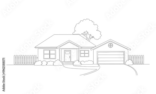 Suburban House Exterior With Garage And Fence Continuous Line Art Real Estate Property Vector Illustration