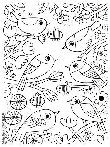 Cute Spring Birds Coloring Page with Bees and Flowers