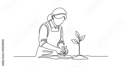 A minimalist line illustration of a woman planting a young seedling. Concept for gardening and environmental conservation, spring planting campaigns, and Earth Day events.