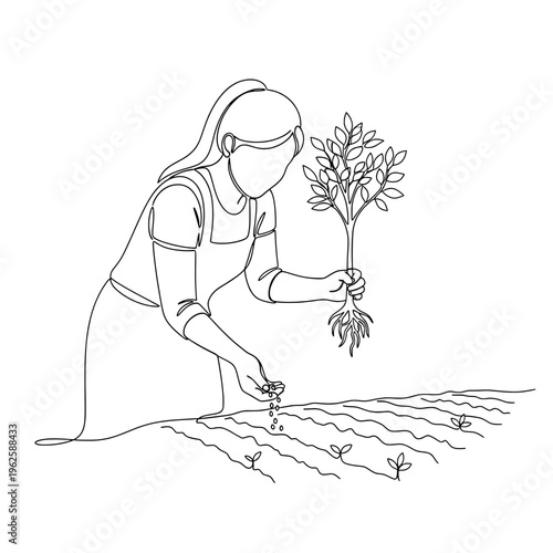 A minimalist line drawing of a woman planting a young seedling in a garden bed. Concept for gardening and environmental conservation, spring planting campaigns, and Earth Day events.