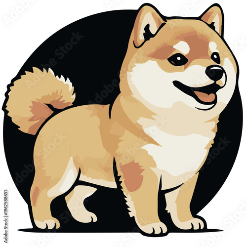 Vector illustration of a cute Shiba Inu dog standing on a black circular background