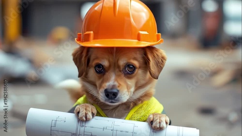 Cute dog wearing a construction helmet and yellow vest, holding an architectural blueprint at a busy construction site