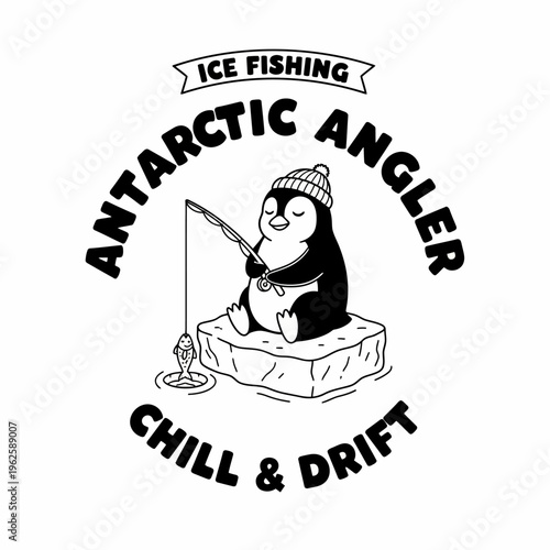 Penguin wearing hat fishing ice block.