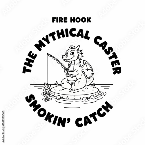 Smiling dragon holding fishing rod sitting.