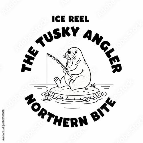 Walrus holding fishing rod on ice.