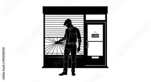 A concerned man stands before a shattered shop window of a closed business, symbolizing economic hardship and urban decline, rendered in a stark black and white vector style.