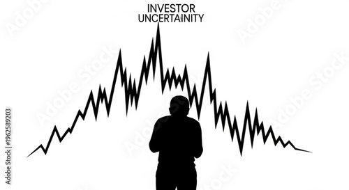 Minimalist vector illustration of a silhouette investor contemplating a jagged line graph labeled 'Investor Uncertainty', symbolizing market volatility, financial risk, and economic anxiety.