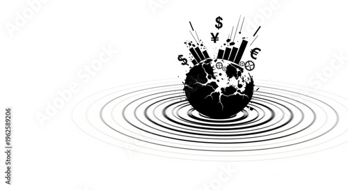 Cracked Earth globe with currency symbols and charts radiating outwards, creating ripples, symbolizing global economic impact.