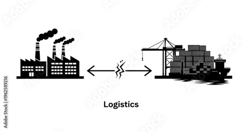 Vector illustration depicting a factory and a cargo ship with containers, connected by a broken arrow, symbolizing disrupted logistics, supply chain issues, and global trade challenges.