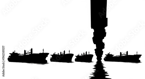 Abstract vector silhouette illustration of cargo ships on water, with one ship emitting thick, dark smoke, symbolizing industrial pollution, environmental impact, and maritime transport emissions.