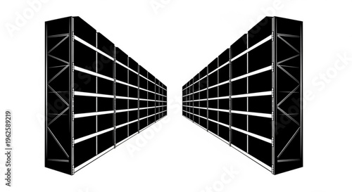 Minimalist vector illustration of two long rows of empty industrial warehouse shelves, creating a perspective view that symbolizes storage, logistics, inventory, and supply chain management.