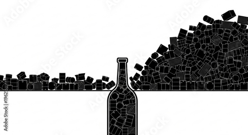 Abstract vector illustrating a bottle as a bottleneck, with a large pile of containers on one side and limited resources on the other, symbolizing supply chain issues and material scarcity.