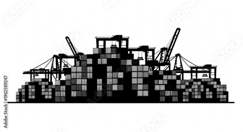 Silhouette of a busy shipping port with stacked shipping containers and cranes, representing global trade and logistics.