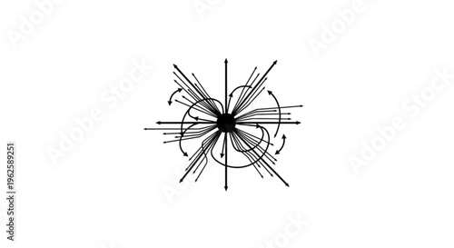 Abstract representation of a central point with numerous arrows radiating outwards and inwards, symbolizing data flow or network connections.