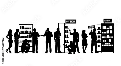 Silhouettes of people in a store looking at empty shelves with 'OUT STOCK' signs, illustrating scarcity and consumer frustration.