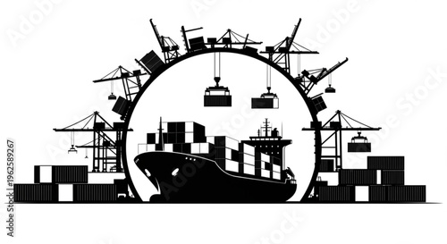Silhouette of a cargo ship being loaded with containers at a busy port with cranes and stacks of boxes.