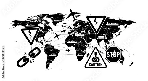 World map with interconnected lines showing global trade routes and icons representing risks and disruptions like broken chains and stop signs.