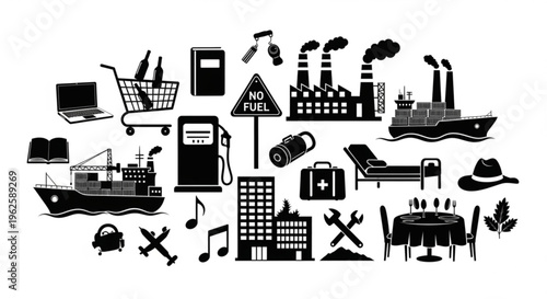 Collection of black and white icons representing various industries, services, and lifestyle elements like factories, ships, and dining.