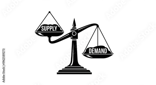 A balanced scale weighing 'Supply' on one side and 'Demand' on the other, symbolizing economic equilibrium and market forces.