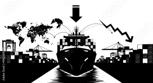 Cargo ship in a canal with a world map, falling graph, and cranes symbolizing global trade and economic decline.