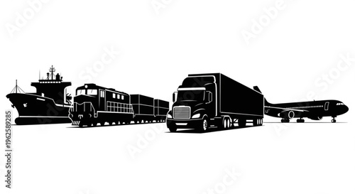 Silhouette of diverse transportation modes including a cargo ship, train, truck, and airplane in a line.