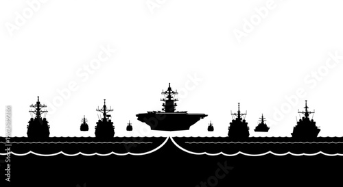 Silhouette of a powerful naval fleet including an aircraft carrier and destroyers sailing on the ocean, representing military power and defense.