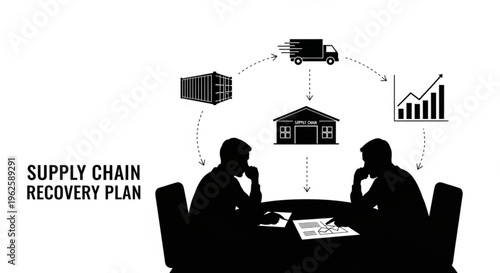 Businessmen planning a supply chain recovery strategy with icons for containers, trucks, warehouse, and growth chart.