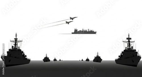 Modern naval fleet with frigates and a cargo ship, escorted by fighter jets in formation, symbolizing maritime security and air support.