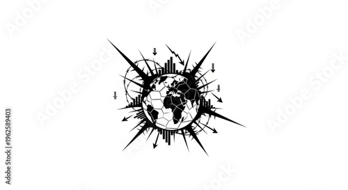 Abstract black and white illustration of a globe surrounded by spikes, charts, and arrows, representing global challenges and market volatility.
