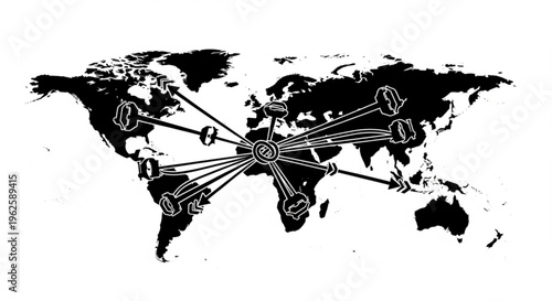 World map with interconnected lines from Europe to various continents, illustrating global trade routes and economic connections with currency symbols.