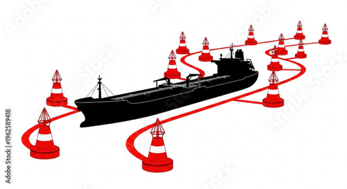 Cargo ship navigating a winding path marked by red and white buoys, representing maritime logistics, shipping routes, and safe passage in navigation.