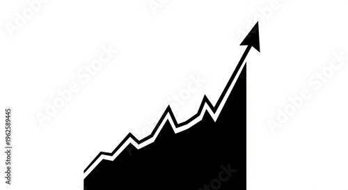 Black silhouette of an upward trending line graph with jagged peaks, symbolizing financial growth, market success, and positive economic development.