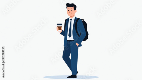 Business Young businessman holding coffee cup and wearing backpack smiling at work Vector