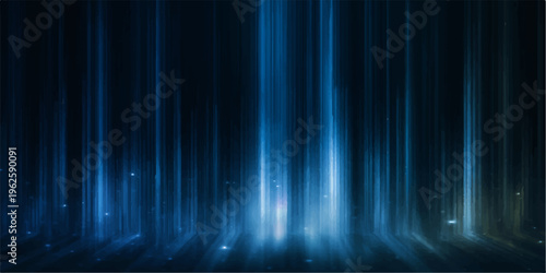abstract composition of vibrant blue light streaks that cascade downward, resembling a luminous waterfall or ethereal rain. the background is an abyss of dark, mysterious space.