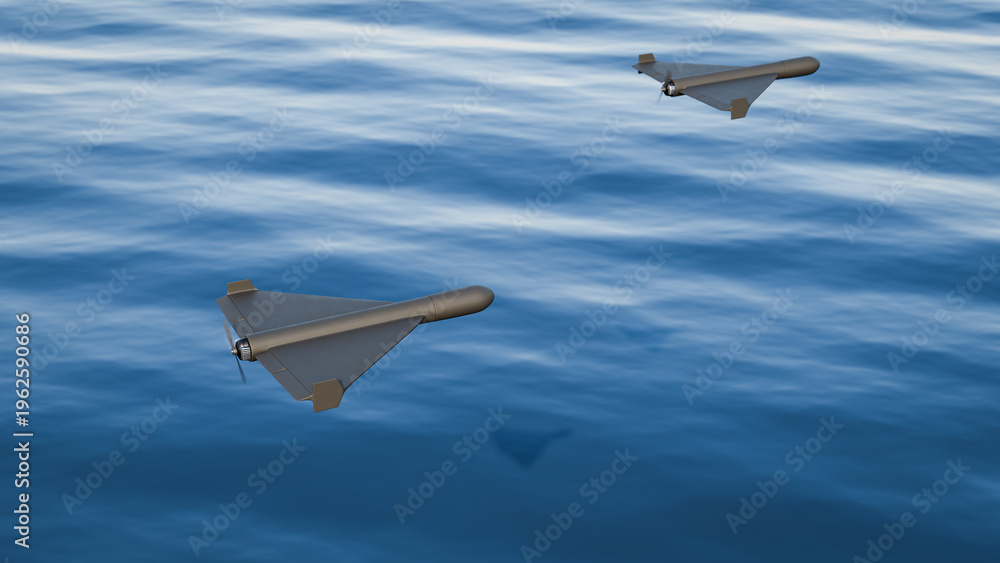 Fototapeta premium 3d render of Shahed style one-way attack drones flying over ocean