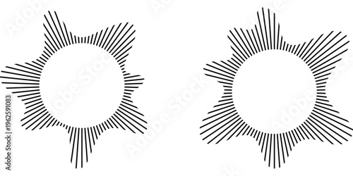 Radial wave sound lines. Circular frame. Sound circle ring. Wavy round frame. Radial sun rays symbol. Wavy geometric silhouette. Abstract design element. eps 10