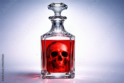 A crystal decanter filled with red liquid and a human skull inside, on a clean white surface.