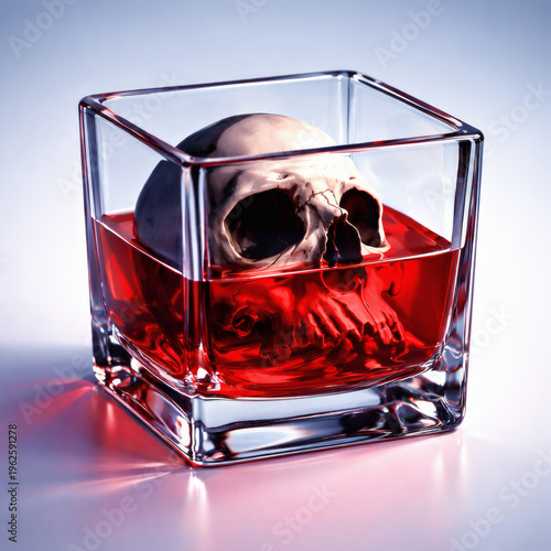 A realistic human skull submerged in red liquid inside a square glass on a clean white surface.