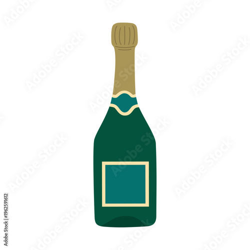 Green champagne bottle. Festive beverage, holiday alcoholic drink. Hand drawn vector illustration isolated on white background, flat cartoon style.