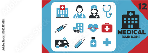 Medical healthcare icon set vector with hospital ambulance doctor syringe and clinic symbols in flat design