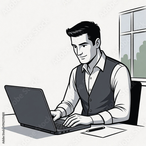 Business A man sitting at a desk and working on a laptop computer Vector
