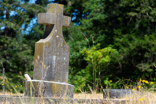 An image of a very old stone grave marker which is so badly weathered the name is no longer visible.  The grave site if over grown with tall dried up grass.