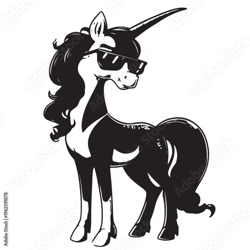 Vector black and white simple illustration of a cool horse wearing sunglasses